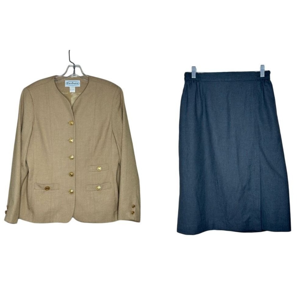 Patchington Vintage Tan Beige Gold Button Collarless Blazer skirt set 14 office